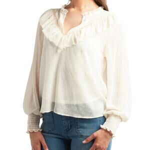 NEW BCX Ivory Blouse Size XS Swiss Dot Ruched Top Boho Office Smocked NWT